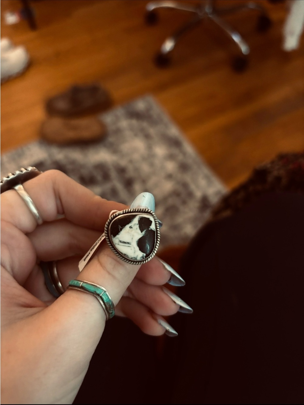 White Buffalo variscite sterling silver ring